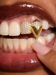 Silver Gold Teeth Grillz for Women Men Dental Grillz Grills Silver Tooth Cap Grillz Golden Tooth Jewelry CZ Diamond Tooth Gem Mouth Grills Men Hip Hop Outfits Custom Accessory