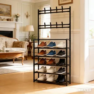 The 5-tier entryway rack for clothes and shoes is used to store shoes, clothes, jackets, hats, bags, and umbrellas in the hallway, and can be assembled into a coat rack for the entrance