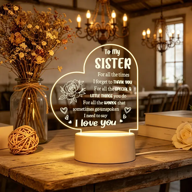 Heart Shaped Acrylic Night Light Gifts for Sister, To My Sister Engraved LED Lamp, Birthday Christmas Thanksgiving Graduation Present for Sister, Warm Bedroom Desktop Decor Light