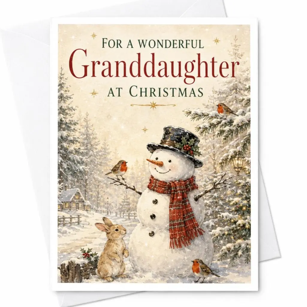 For A Wonderful Granddaughter At Christmas Cute Snowman Christmas Card For Granddaughter Holiday Greeting Card Winter Scene C5519