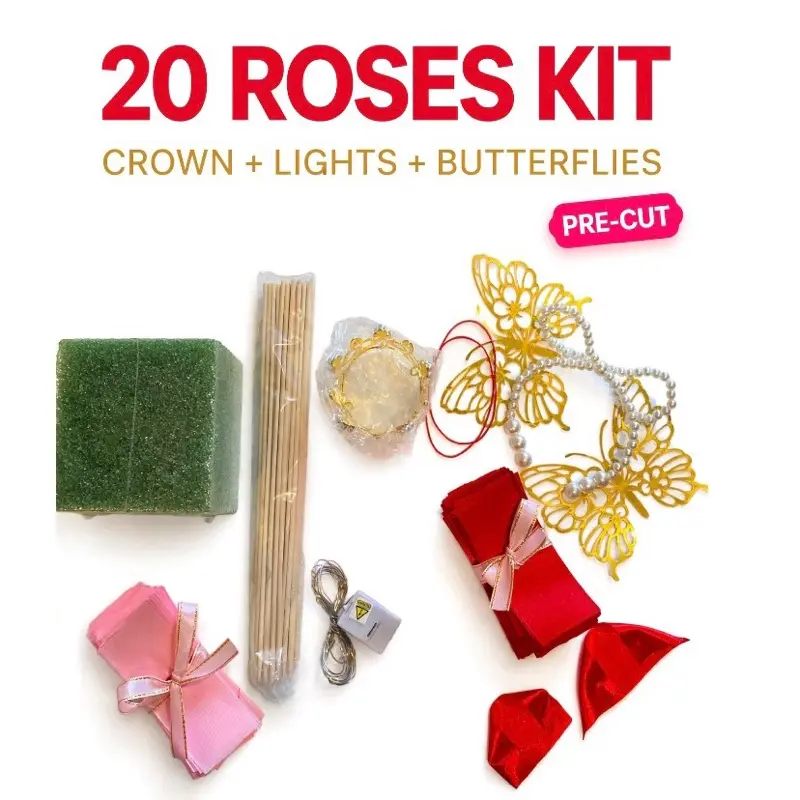 20 Pre-Cut Eternity Roses DIY Sewing Craft Kit - Bouquet Decor, Fairy Crown Lights, Butterflies, Floral Ornaments, Ribbon Buchon Ramo
