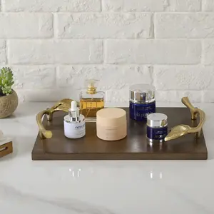 Wooden Serving Tray, Mango Wood Tray with Elegant Gold Leaf Metal Handle Decorative Coffee Table Display Platter