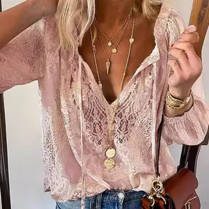 blouse Women's Blouses Spring Summer Fashion Boho Lace Hollow Out Deep V Neck Pullover Shirt Women Elegant Casual Blouse Female Tops White Formal women's summer outfits
