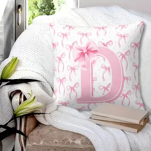 Letter D Pink Bow Throw Pillow with Insert, Monogram Initial D & Pink Ribbon Print Cushion, Cute Coquette Decorative Pillow for Living Room, Bedroom, Nursery, Girls Room Decor, 45cm Square Zipper Closure, Gift Choice