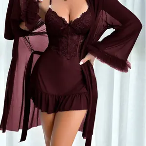 2-piece set: Fishbone lace nightgown and beautiful elegant wide-sleeved mesh robe for women's daily use