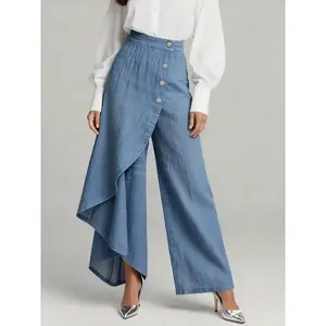Women's 2026 Stylish Asymmetric Wrap Denim Wide Leg Jeans - High Waist Satin Ruffle Fabric Bottoms with Button Detail, Spring Summer Casual Streetwear Pair with Blazer, Skirt, Tank Top