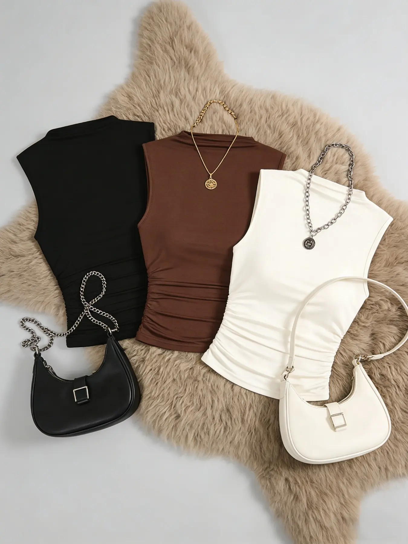 Fashion Half High Neck Sleeveless Ruched Short Vest Set, Women's Basic Casual Solid Sleeveless Top, Three-Piece, Stylish and Comfortable, Casual Slim Sleeveless, Casual Sleeveless Outfits