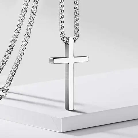 Minimalist Cross Pendant Necklace with Synthetic Simulated Coloured Gemstone, Silver-Tone Metal Coating Jewelry, Unisex Elegant Accessory Symbolizes Faith, Birthday Gift for Adults Daily Wear