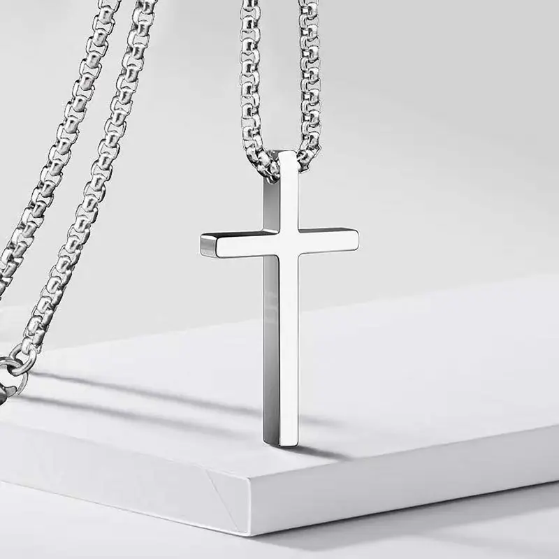 Minimalist Cross Pendant Necklace with Synthetic Simulated Coloured Gemstone, Silver-Tone Metal Coating Jewelry, Unisex Elegant Accessory Symbolizes Faith, Birthday Gift for Adults Daily Wear
