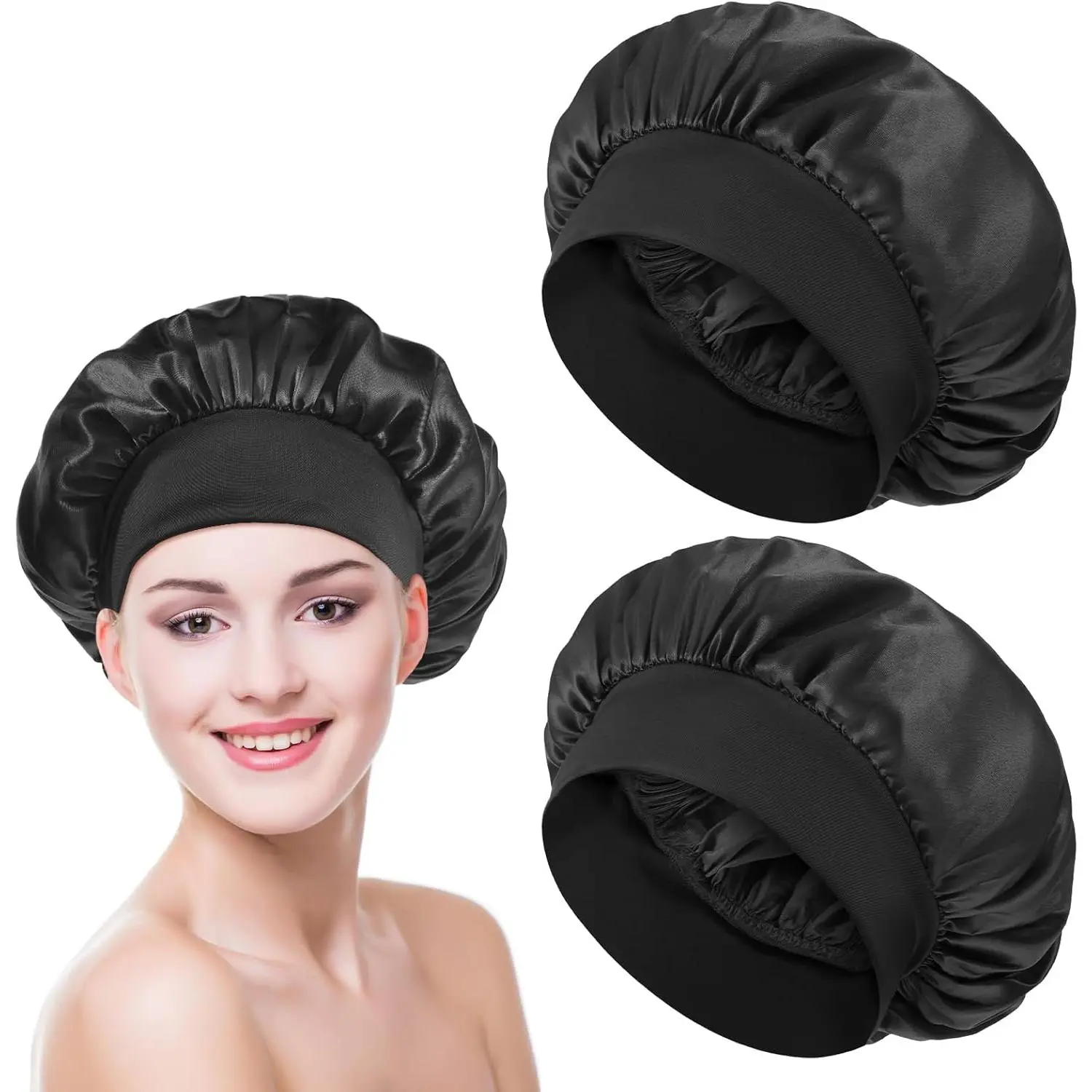 Adjustable Satin Bonnet, 2 Pack Solid Black Sleep Cap for Women and Men with a Soft Elastic Band, Haircare, Heatless, Night Wear, Soft Bonnet