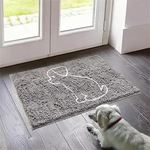 Dog Sit Door Embroidery Mat Super Absorbent Microfiber Indoor Outdoor mat for Muddy Paws, Non-Slip Washable Pet Rug, Quick Dry Chenille Entryway Carpet, Machine Washable – Grey 19”x30”