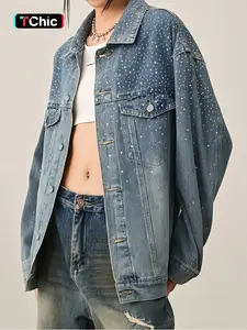 Women's Fashion Denim Jacket Trendy Chic Sparkle Design Elegant Street Style Fitted Coat Outerwear for Spring, Fall & Winter Casual Occasions
