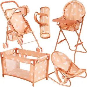 4-in-1 Baby Doll Stroller Set with Butterfly Design Includes Toy Stroller Crib Bouncer & High Chair Doll Accessories & Furniture Set for Toddlers 3-4 Years Fits Dolls up to 18 Inches