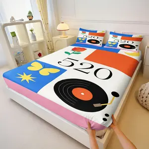 Romantic 520 Vinyl Record Fitted Sheet Set, Soft Flannel Bed Sheet with Rose & Butterfly Print, Retro Aesthetic Bedding for Bedroom Decor