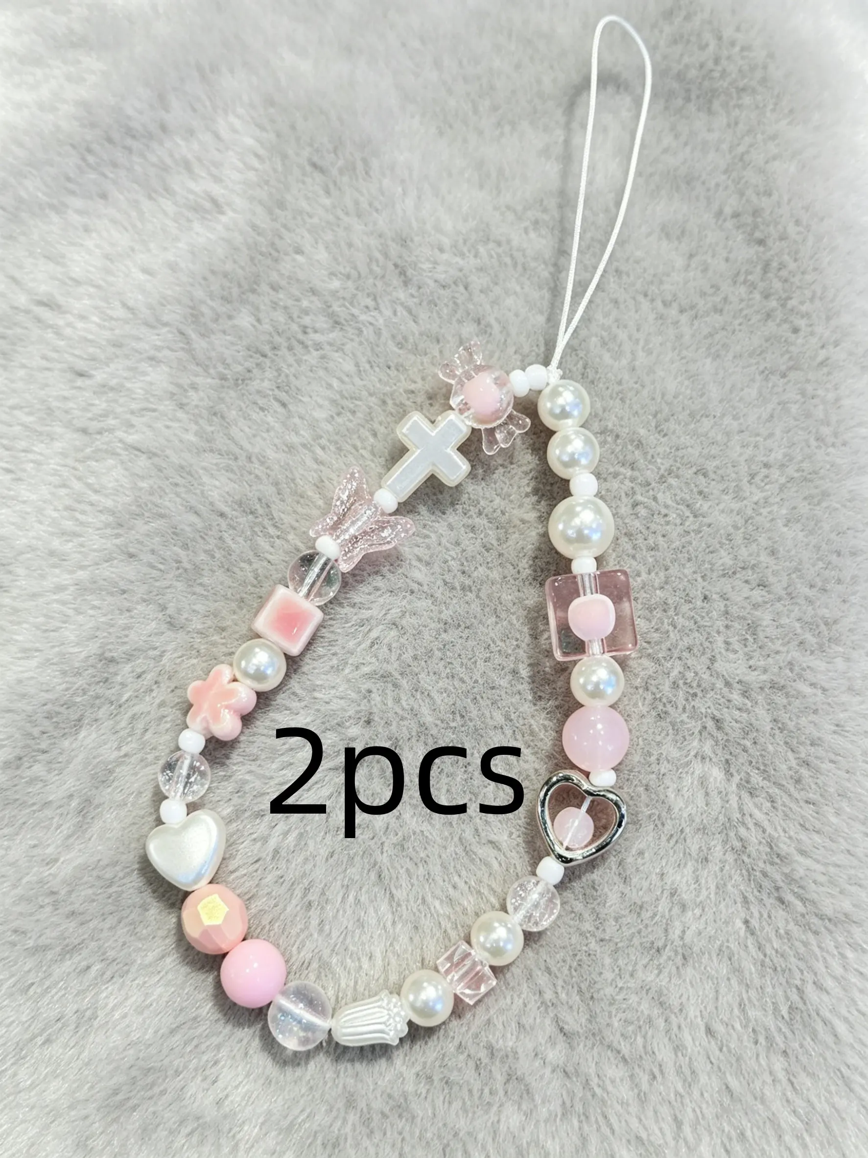 2pcs Y2K Sakura Beaded Phone Charm Strap, Cute Pink Anti-Lost Wrist Lanyard for Phones, Cameras & Keys