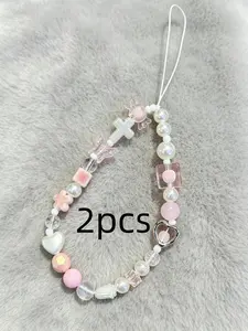 2pcs Chic Pink Sakura & Heart Beaded Phone Charm Strap - Y2K-Inspired Kawaii Aesthetic TPU Lanyard with Crystal Butterfly & Floral Accents, Perfect for iPhone, Cameras, Keys - Ideal Gift for Women and Girls, Phone Wrist Strap, Phone Accessory