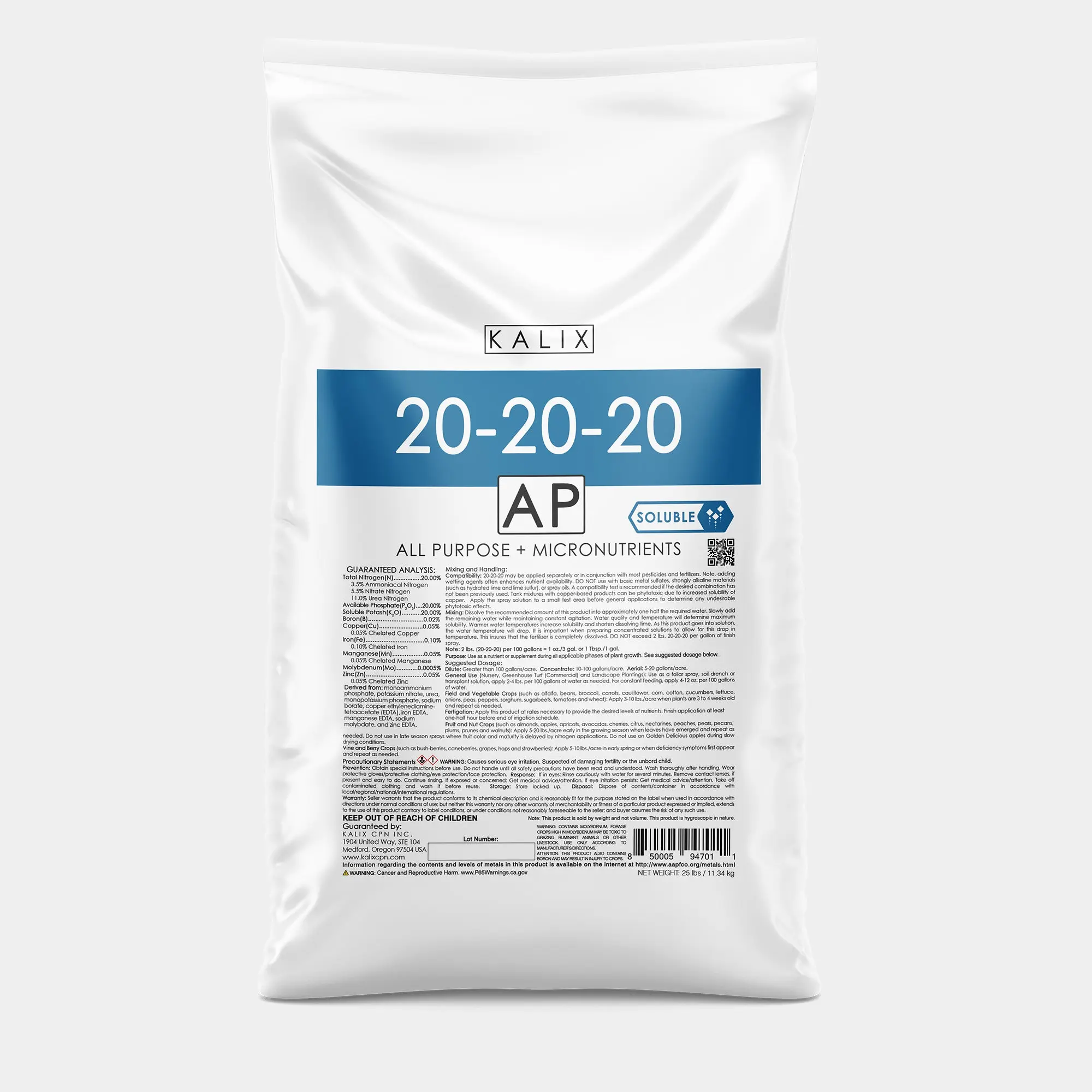KALIX 20-20-20 Fully Water-Soluble Balanced Fertilizer for Soil & Fertigation | N-P-K Blend for Soil-Grown Crops & Fertigation Programs