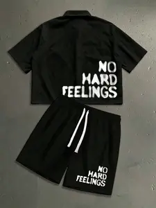 Unisex 2-Piece Outfit | 100% Cotton Shorts + Non-Cotton Black Short Sleeve Shirt with "NO HARD FEELINGS" Faded Print Streetwear Casual Set