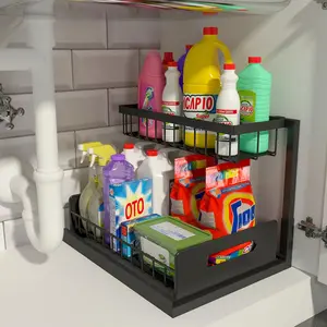 Pull Out Under Sink Organizer, 2 Tier Slide Out Cabinet Storage Shelf, Multi-Purpose Kitchen & Bathroom Organizers and Storage