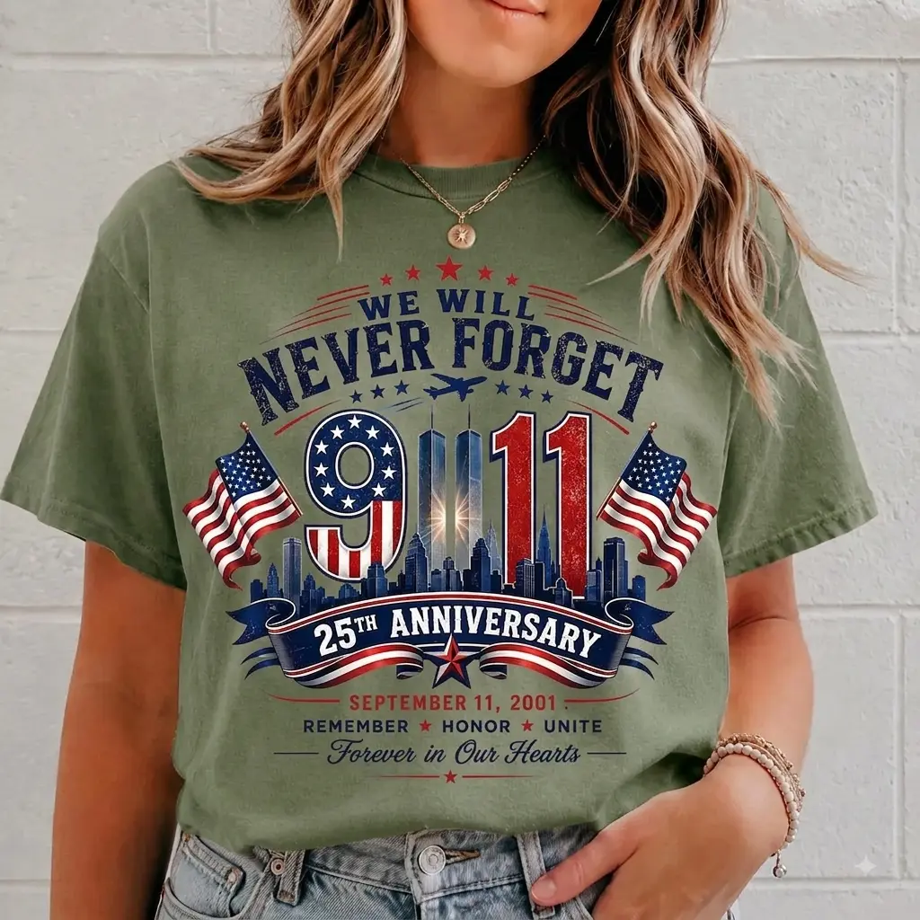 9/11 Memorial Shirt, Never Forget 25th Anniversary T-Shirt, September 11 2001 Tribute Tee, Patriotic USA Remembrance Shirt, Gift For Women