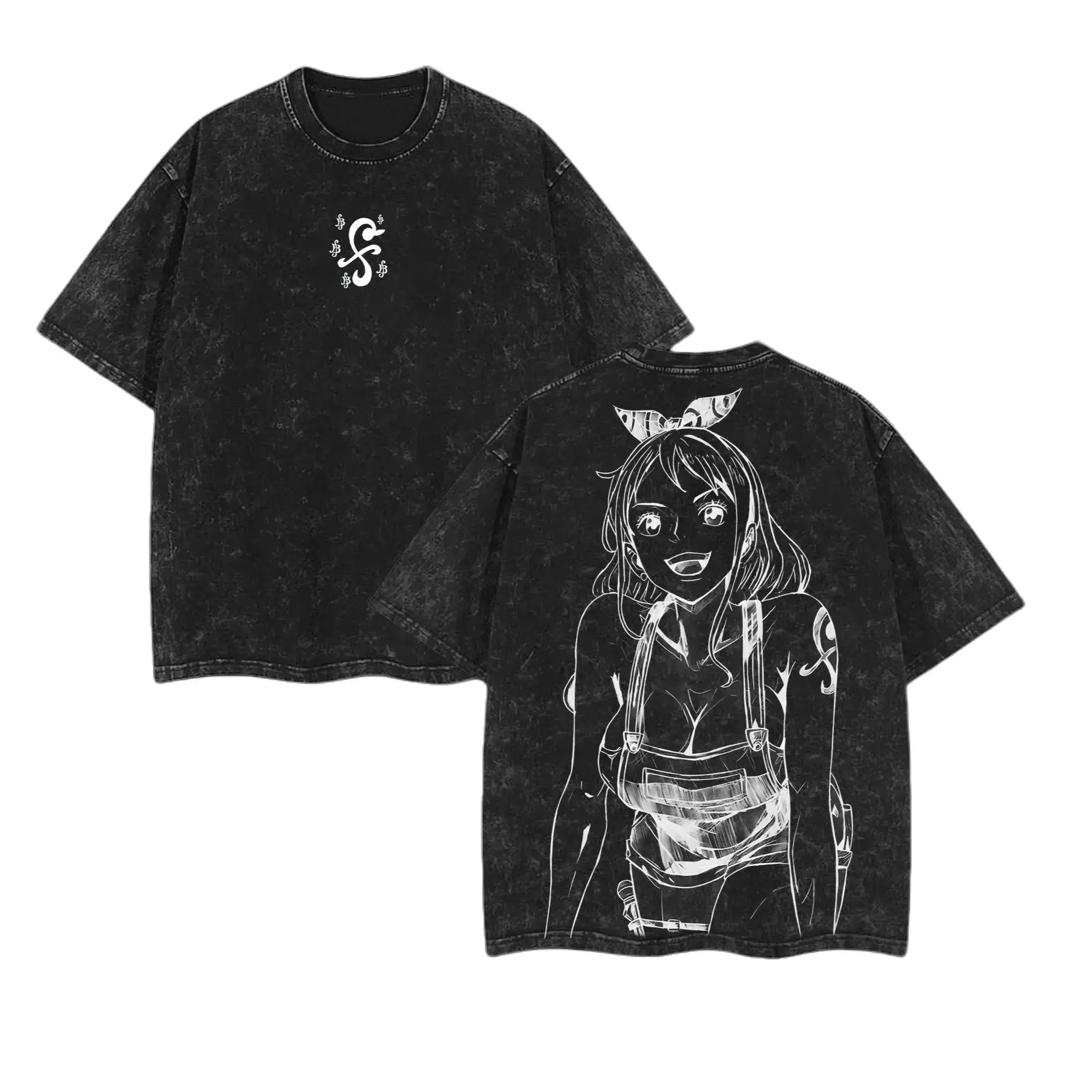 Nami One Piece Anime Double Printed Vintage Washed Tee Unisex Oversize Heavyweight Cotton T-shirt ZORA LAB Unisex Couple T-shirts for Anime Fans and Lovers