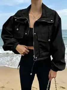 Women's Solid Zip-Up Cropped Jacket, Lightweight Casual Outerwear with Pockets, Fashion Tops for Spring & Fall Womenswear
