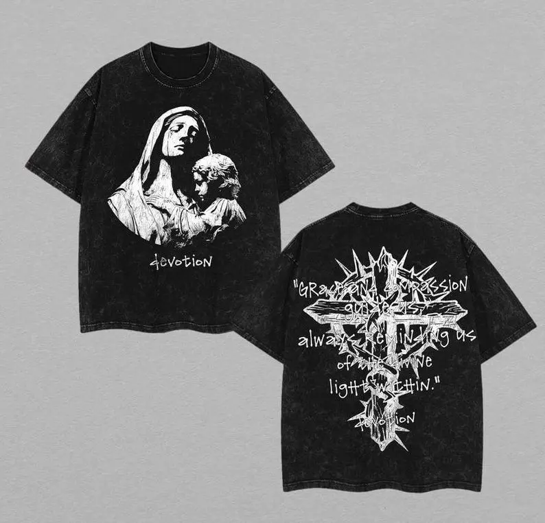 Men's Distressed Vintage Round Neck Short-Sleeve T-Shirt - Oversized Washed Casual Menswear Top with Catholic Virgin Mary Graphic