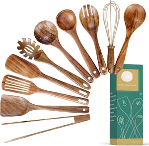 10 Pack Wooden Utensils for Cooking,  Utensil Set for Kitchen, Teak Wooden Spoon for Cooking, Non-Stick Spatula Ladle