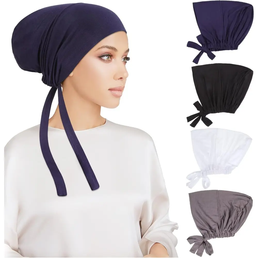 4pcs Under Scarf Hijab Cap with Tie-Back Closure Jersey Inner Cap with Rope Bonnet for Muslim Women vintage hats