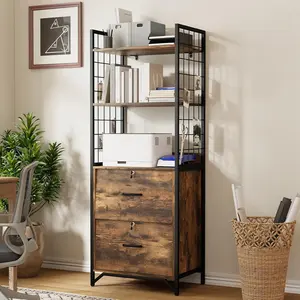 File Cabinet for Home Office, 64" Filing Cabinet with Printer Stand and Bookshelf, Small Office Cabinet with 2 Wood Drawers and Locks, Farmhouse Organization and Storage Fits A4/Letter/Legal