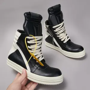 Men  Casual Top Quality Women Sneaker Black Ankle Boot Geobasket Leather Owen Fashion Thick-sole Flat Zip  Closed Footwear shoe