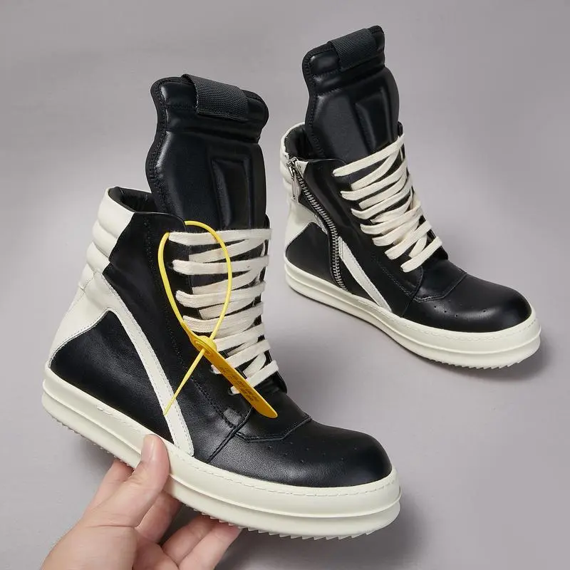 Men Casual Top Quality Women Sneaker Black Ankle Boot Leather Fashion Thick-sole Flat Zip  Closed Footwear shoe