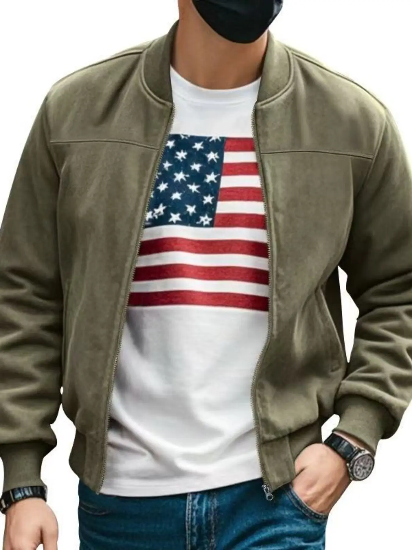 Men's Fashionable Fall Winter, Vintage American Street Style Suede Baseball Jacket, Casual Zipper Coat, Perfect for Daily Wear