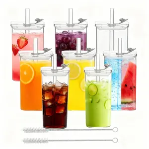 8 Sets Square Drinking Glass Cups with Lids & Straws, 12 Oz Clear Highball Glasses for Cocktail, Iced Coffee, Juice, Beer - Modern Glass Tumblers
