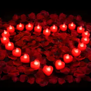 2000 Pieces Red Artificial Rose Petals with 24 Red Heart LED Tea Lights, Rose Petals and Candles Set for Proposal, Anniversary, Romantic Night, Wedding Decor