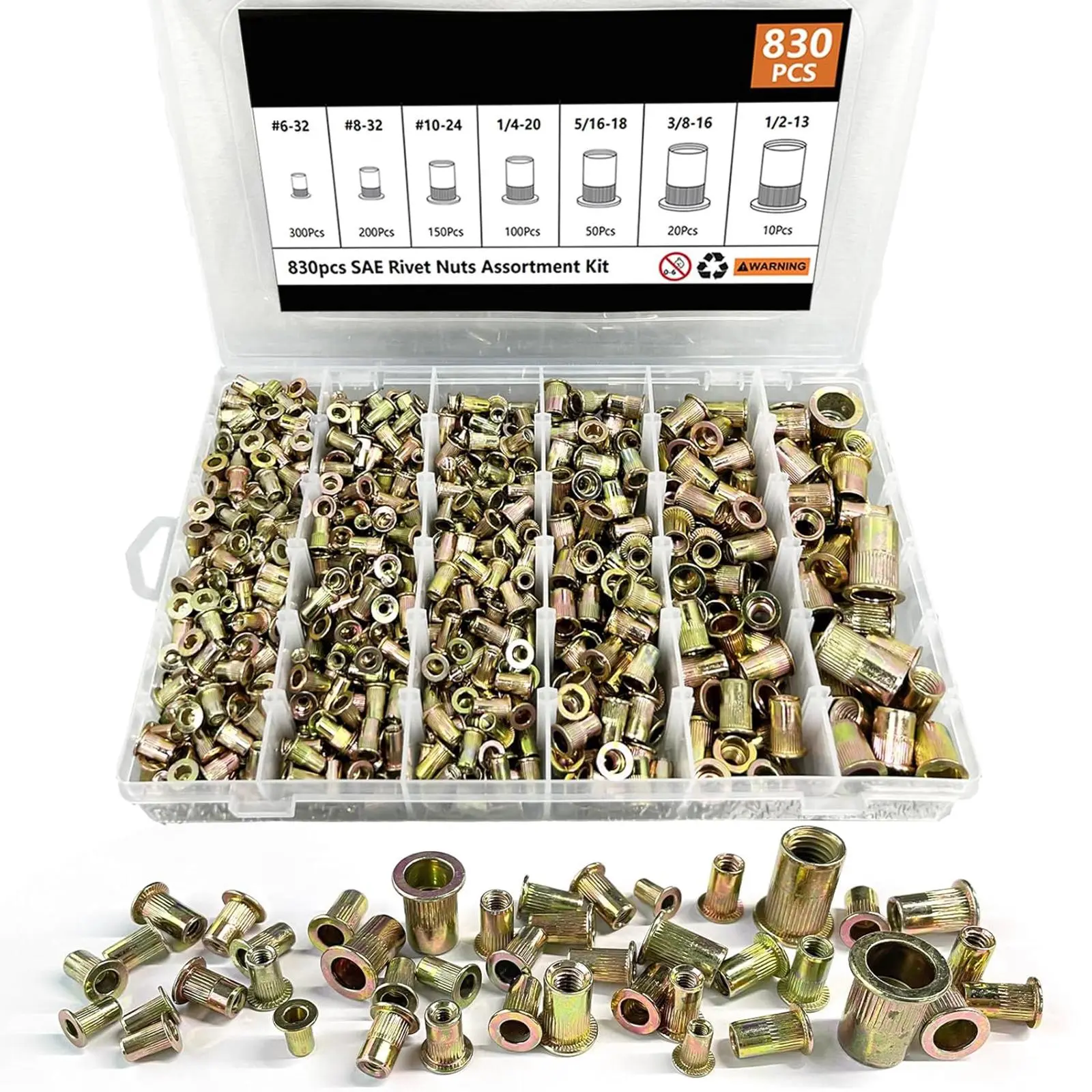 Rivet Nut Tool Kit, 830-Piece SAE/Metric Rivet Nut Combination Kit, Galvanized Carbon Steel Flat Head Thread Insert Nut Tool Mechanical Tool, Metal Riveting, Metal Riveting Tool