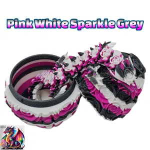 Rose Dragon Striped Colors with Matching Rose Egg, 3D Printed Fully Articulated Desk Fidget Dragon Red, White, Blue, Orange, Pink, Etc.