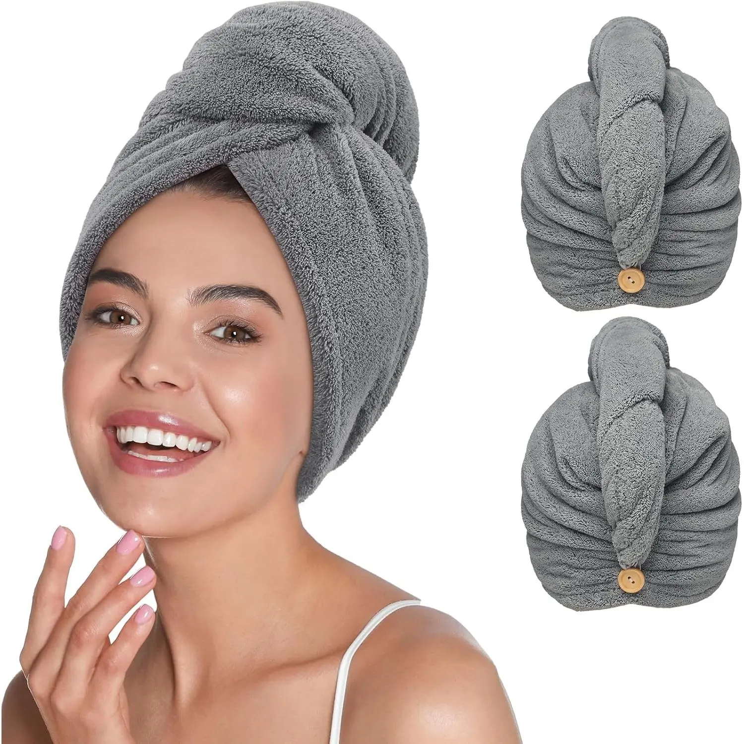 Microfiber Hair Towel Wrap for Women Curly Long Hair, 2 Pack Super Absorbent Hair Plopping Towel Curly for Wet Hair, Stocking Stuffers for Women (Gray)