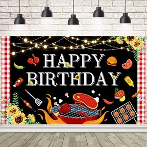 BBQ Birthday Party Decorations Large BBQ Happy Birthday Banner Red and White Gingham Picnic Banner Backdrop for Happy Birthday Barbecue Party Supplies Yard Outdoor 7x5ft