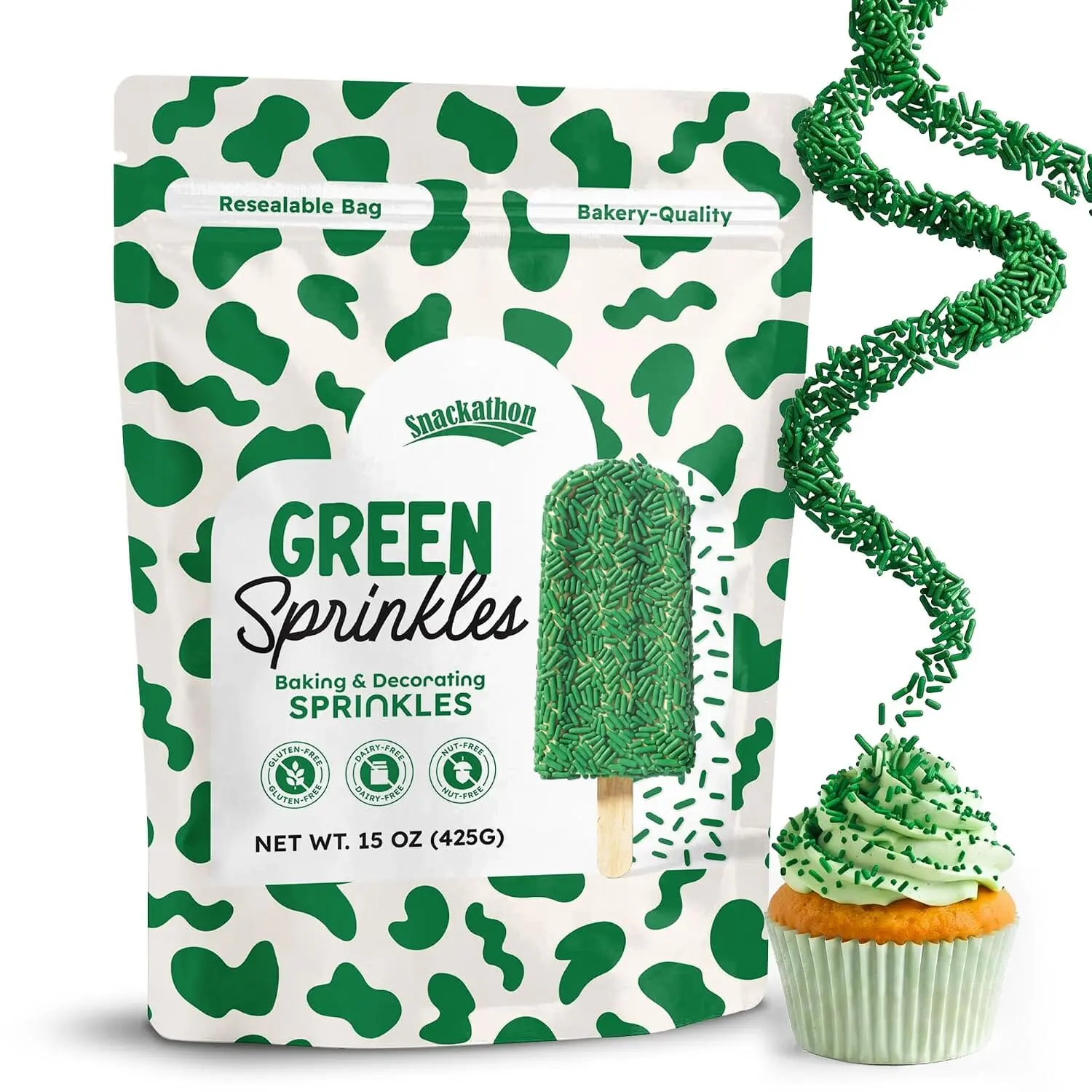 Snackathon Green Sprinkles, 15 oz, Festive Jimmies for Baking & Decorating, Vibrant Green Sprinkle Jimmies in Resealable Bag, Gluten Free, For Ice Cream Toppings, Cakes, Baking & Desserts