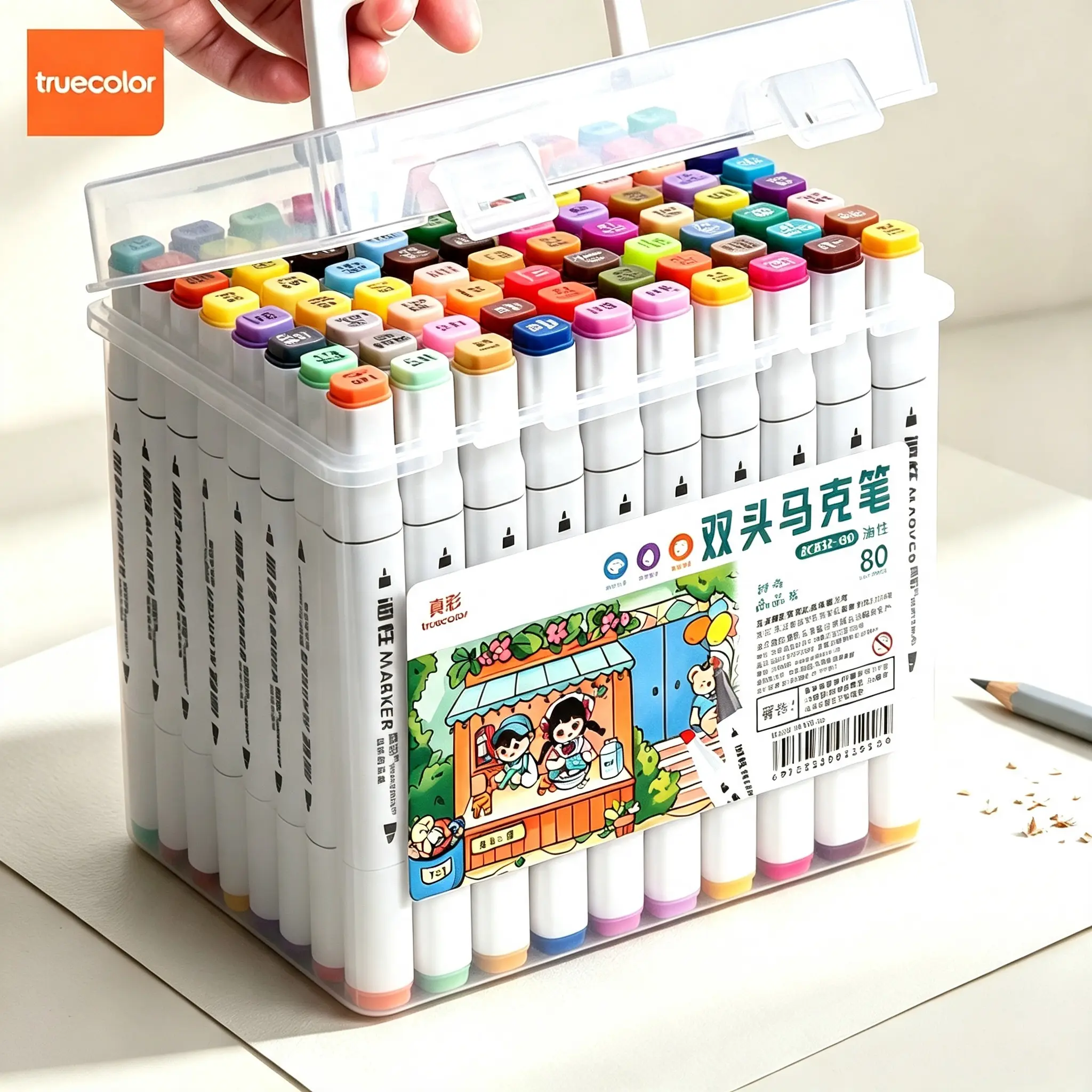 Truecolor Dual Tip Square Barrel Marker Pen Set 48/60 /80Colors, Portable Carry Bucket Included, Multi-Purpose Professional Art Supplies For School, Office & Craft Drawing