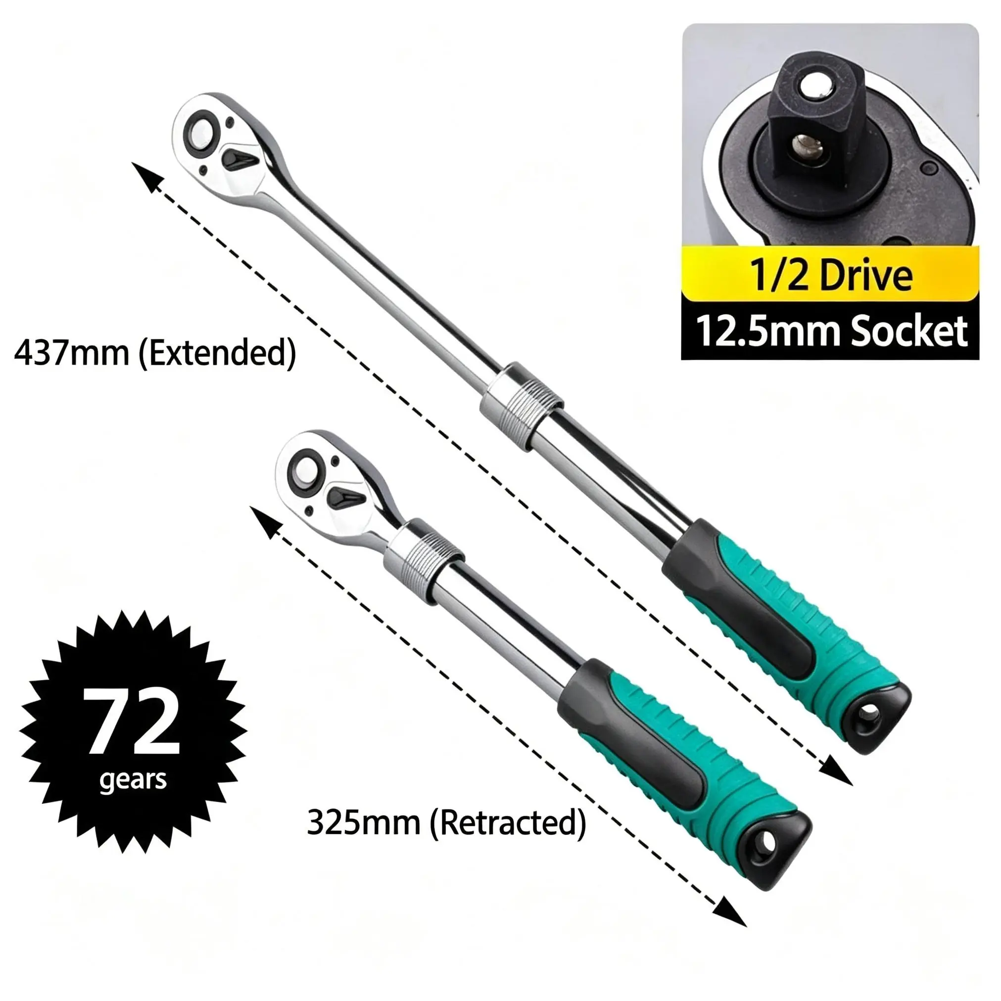 72-Teeth Heavy-Duty Reinforced Quick-Adjustable Multi-Function Expansion Ratchet Wrench, Durable Chrome Vanadium Socket Wrench Set for Mechanics, Chrome Vanadium Socket Wrenches