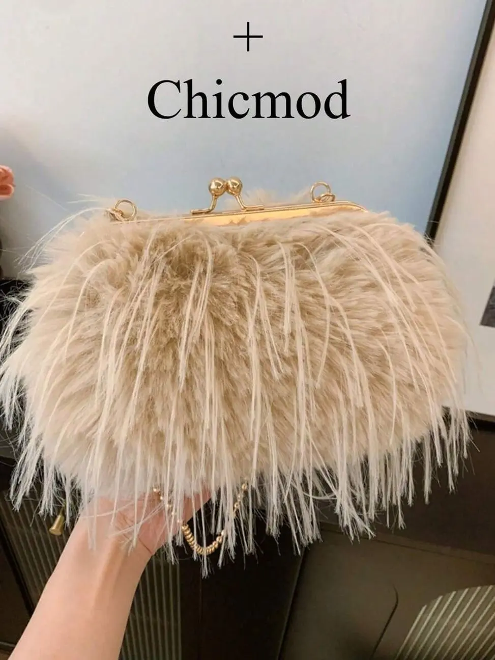 Fluffy Khaki Crossbody Bag, Soft Faux Fur Shoulder Handbag, Trendy Winter Commuter Purse