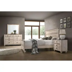 King Bedroom Set White Wash Finish Contemporary Dresser Mirror Nightstand