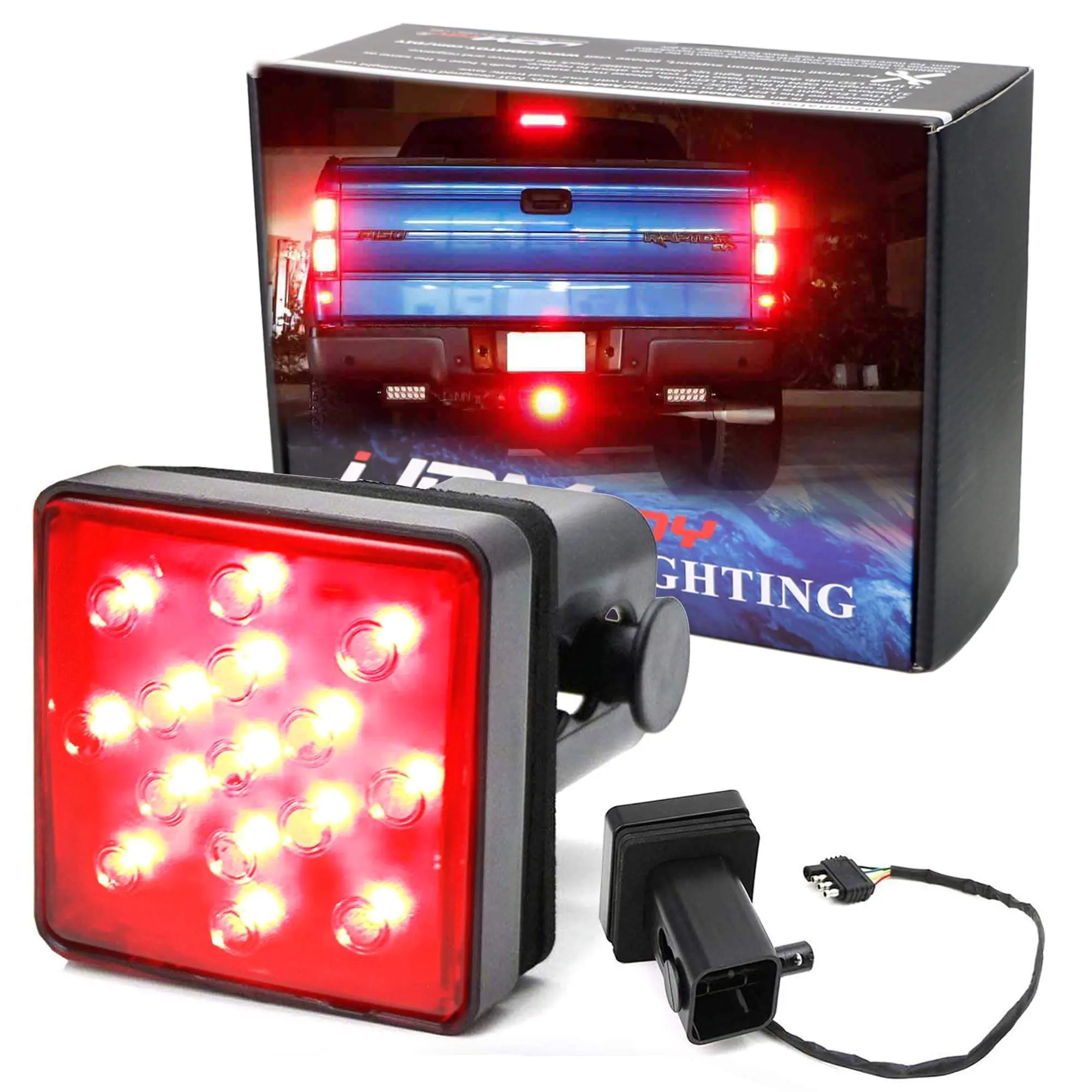 iJDMTOY Red Lens 15-LED Tow Hitch Receiver Brake Tail Light w/Strobe Feature For Truck SUV Trailer Equipped Class 3/4/5 2-Inch Towing Adapter Hole