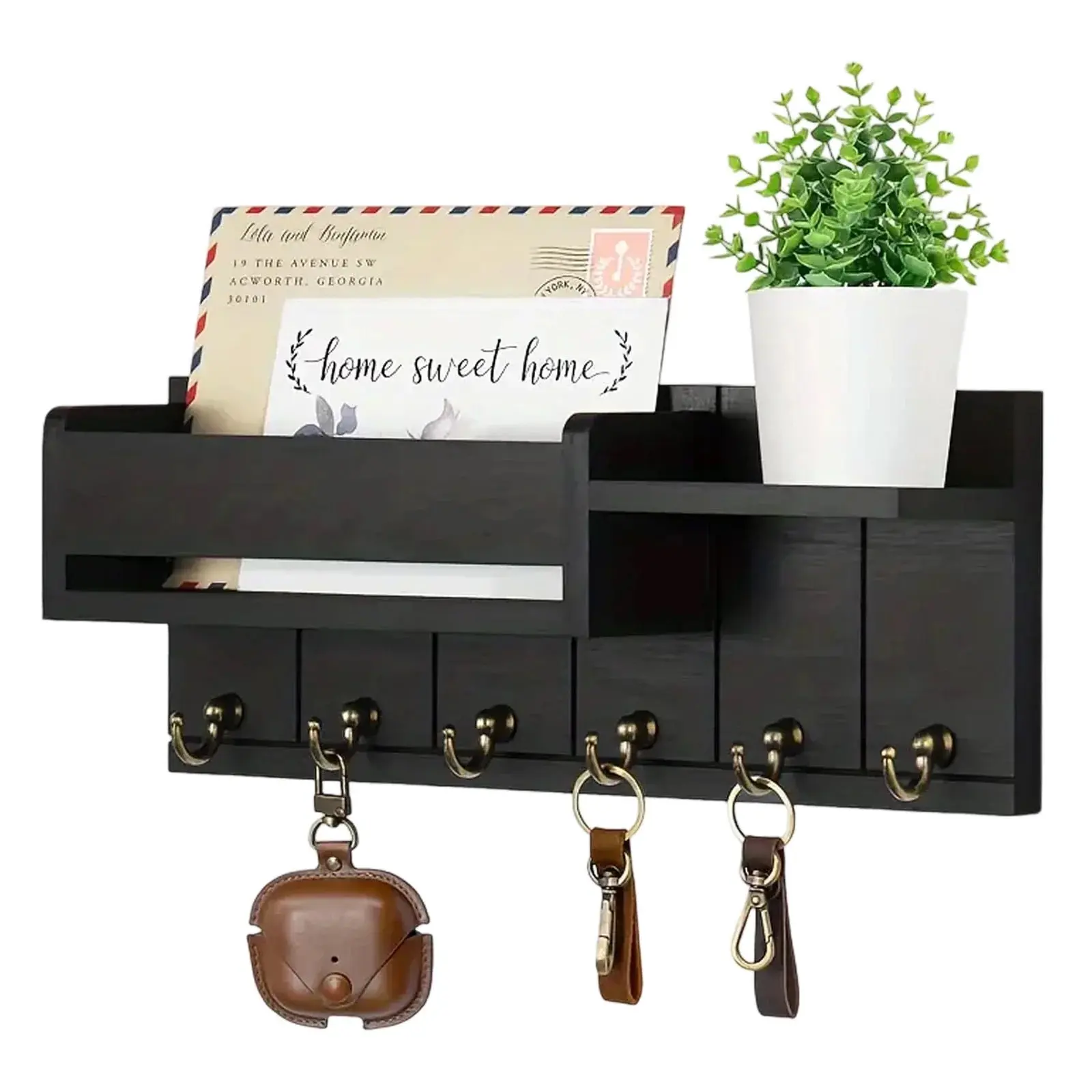 summerwins Industrial Rustic Dark Wooden Wall-Mounted Key Organiser, 6-Hooks + Shelf 12x4.7in Hanging Hooks with Black Finish, 1-Piece Aluminium Floating Mail Shelf for Entryway Home Decor Storage