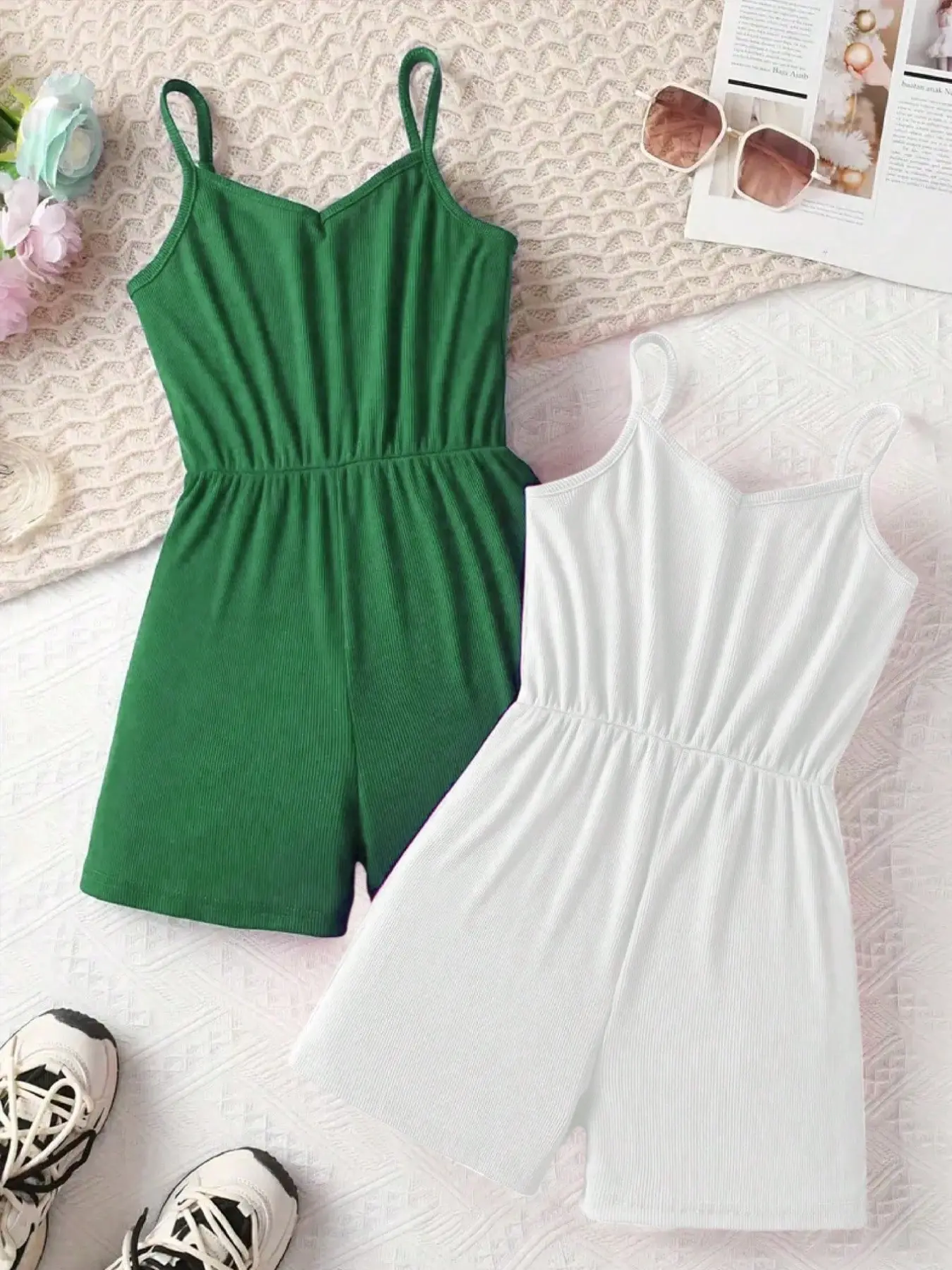Girls' 2-Piece Solid Color Romper Set, Casual Slim-Fitting High Elasticity Clothes, Fashionable Summer Wear