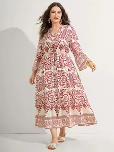 Elegant Ethnic Print Colorblock Waist Cinched A-Line Long Dress, Small V-Neck, Women's Fashion, Party Wear, Casual Elegant Style