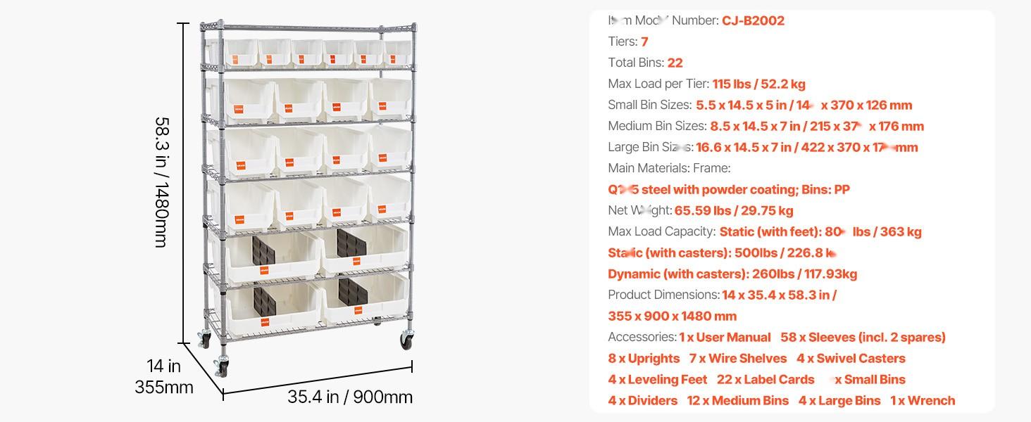 7-Tier Rolling Bin Storage Rack With 22 Organizer Bins, Bin Rack Storage Steel Wire Shelving System On Wheels, Mobile Tool Organizer For Garage, Warehouse, Office, Restaurant, Classroom, Kitchen