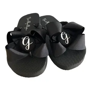 Flip Flops with Personalized Glitter Initial and Big Bows for Women Ladies Sandals